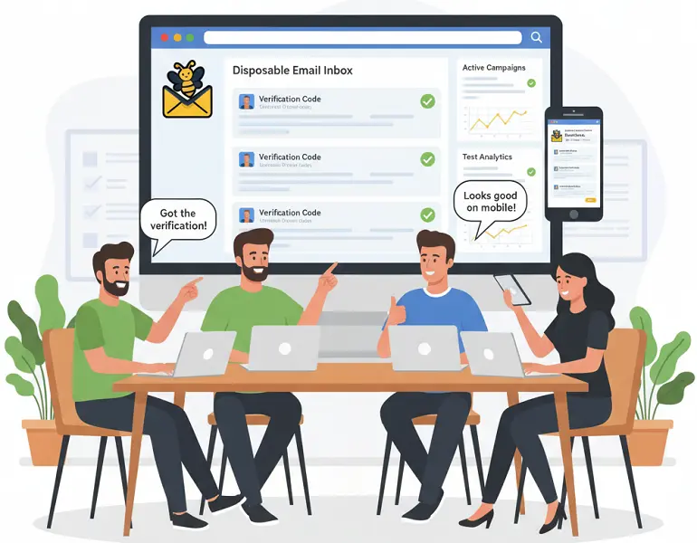 Team testing campaign forms using temp mail inboxes collaboratively