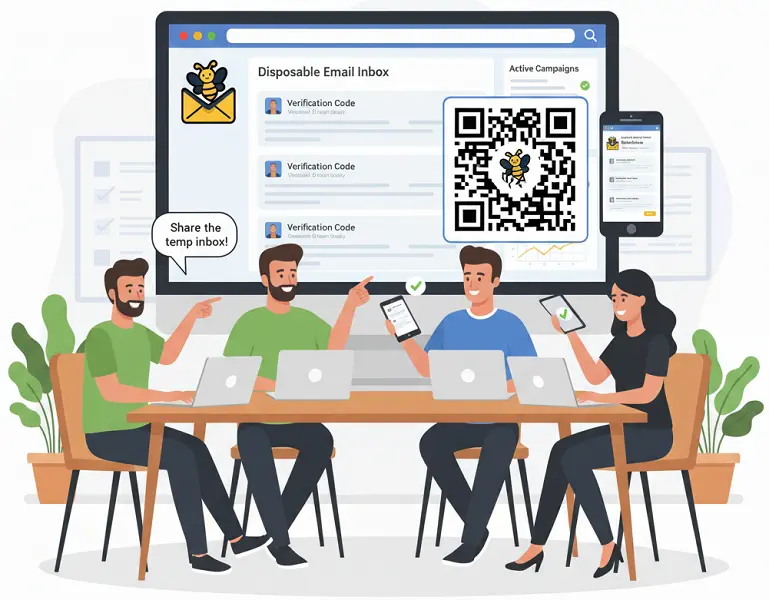 Marketers sharing temp mail inbox via QR code for team testing