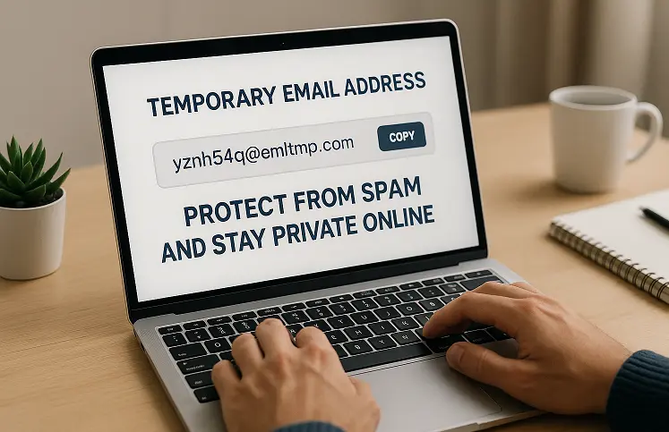 person using temporary email address on laptop to protect from spam and stay private online